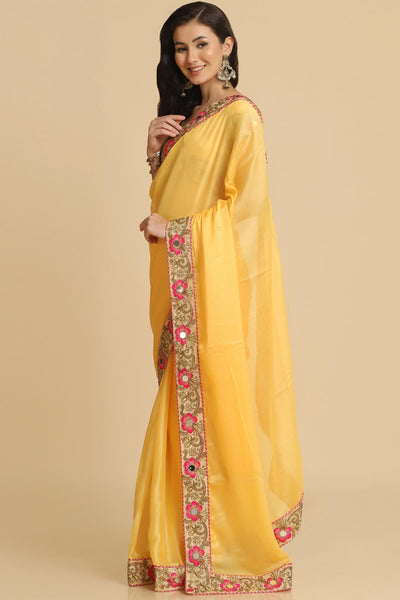 Buy Malini Light Yellow Resham Embroidery Chiffon One Minute Saree Online - Side