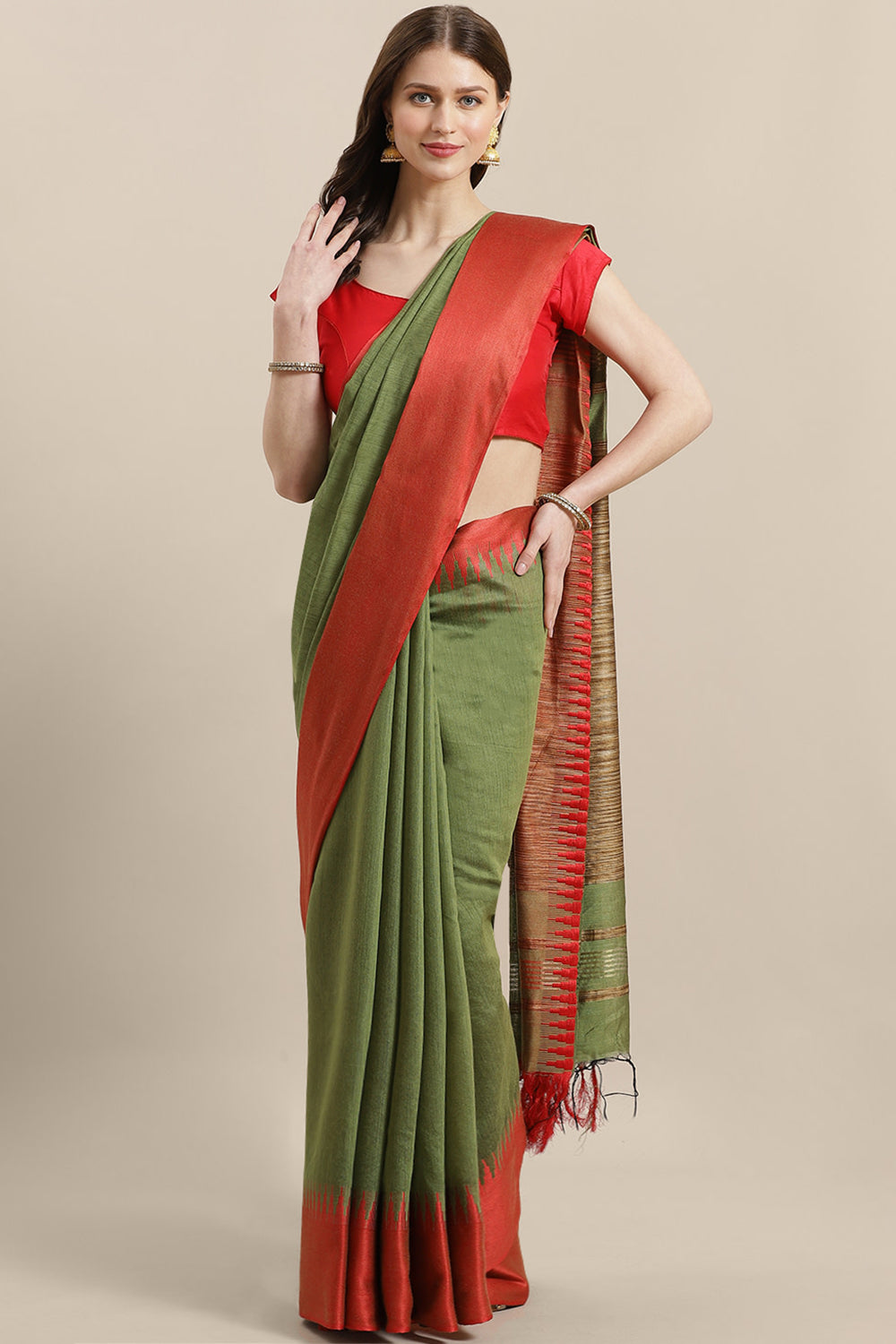 Buy Joann Green & Red Woven Cotton Silk One Minute Saree Online - One Minute Saree