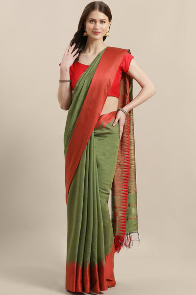 Buy Joann Green & Red Woven Cotton Silk One Minute Saree Online - One Minute Saree