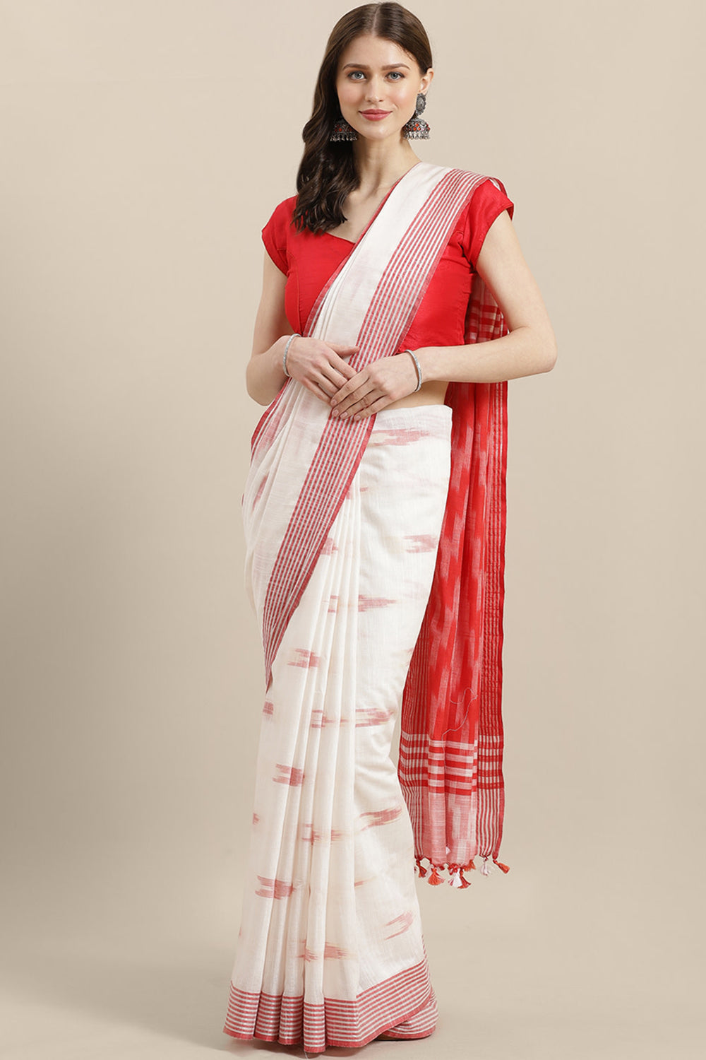 Buy Jules White Woven Linen One Minute Saree Online - One Minute Saree