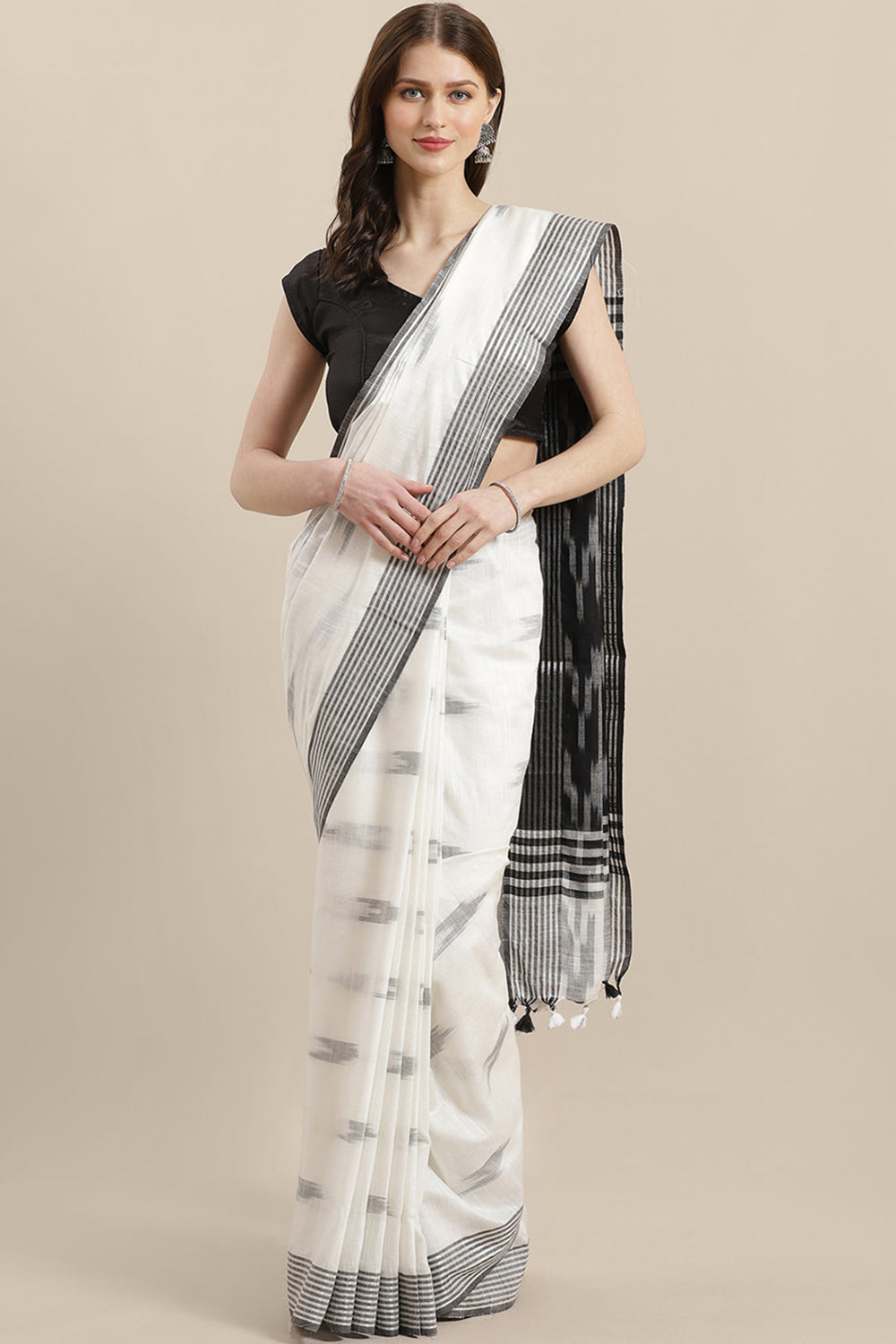 Buy Pernia White Woven Linen One Minute Saree Online - One Minute Saree