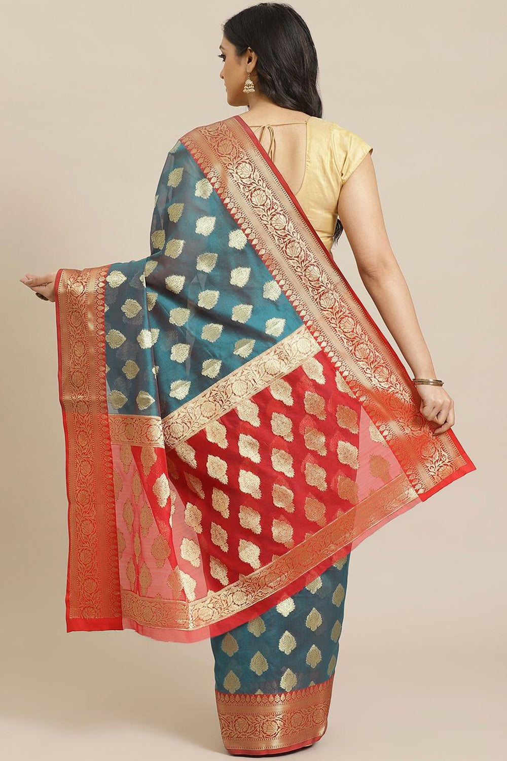 Shop Anouk Teal Blue & Red Woven Art Silk One Minute Saree at best offer at our  Store - One Minute Saree