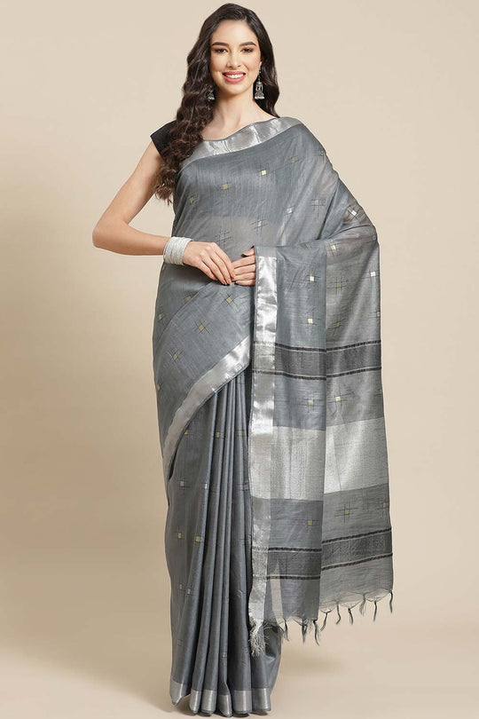 Buy Melanie Grey Zari Woven Silk Blend One Minute Saree Online - One Minute Saree