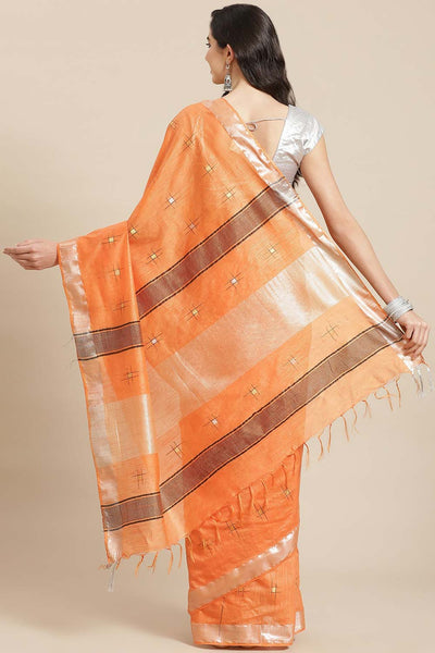 Buy Light Orange Zari Woven Silk Blend One Minute Saree Online - Back