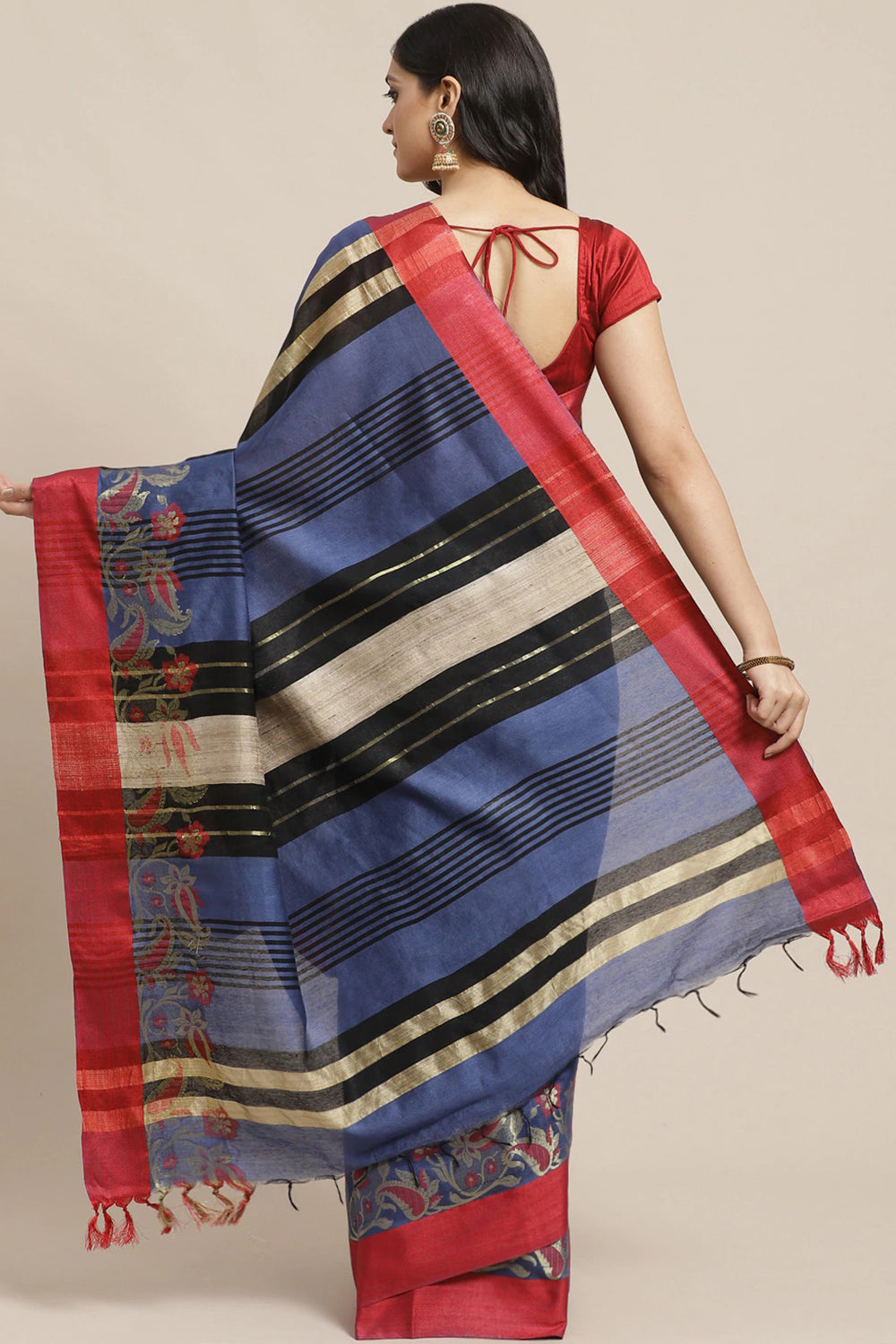 Shop Aura Blue & Red Woven Cotton Silk One Minute Saree at best offer at our  Store - One Minute Saree