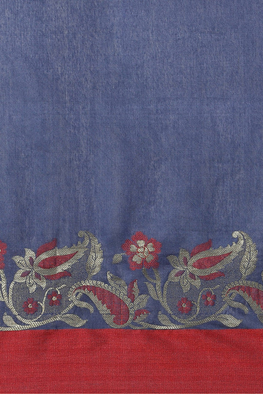 Buy Aura Blue & Red Woven Cotton Silk One Minute Saree Online