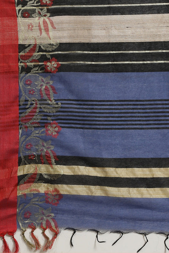 Buy Aura Blue & Red Woven Cotton Silk One Minute Saree Online - Back