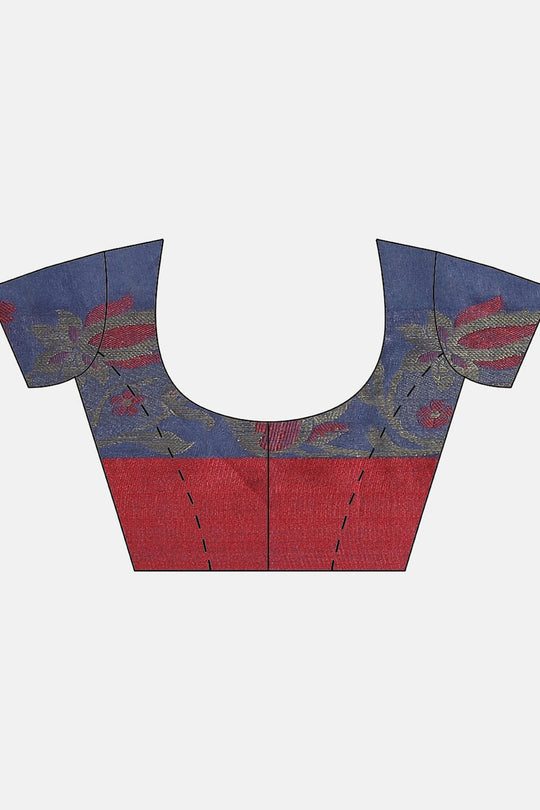 Buy Aura Blue & Red Woven Cotton Silk One Minute Saree Online - Side