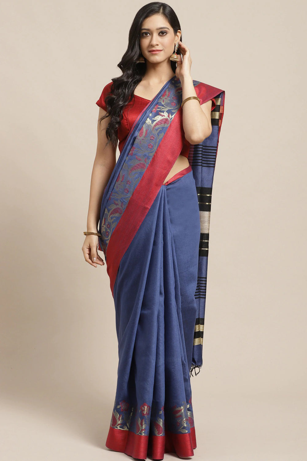 Buy Aura Blue & Red Woven Cotton Silk One Minute Saree Online - One Minute Saree