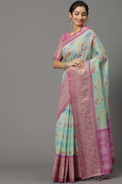 Buy Lola Sea Green Botanical Soft Silk One Minute Saree Online