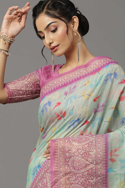 Buy Lola Sea Green Botanical Soft Silk One Minute Saree Online - Front