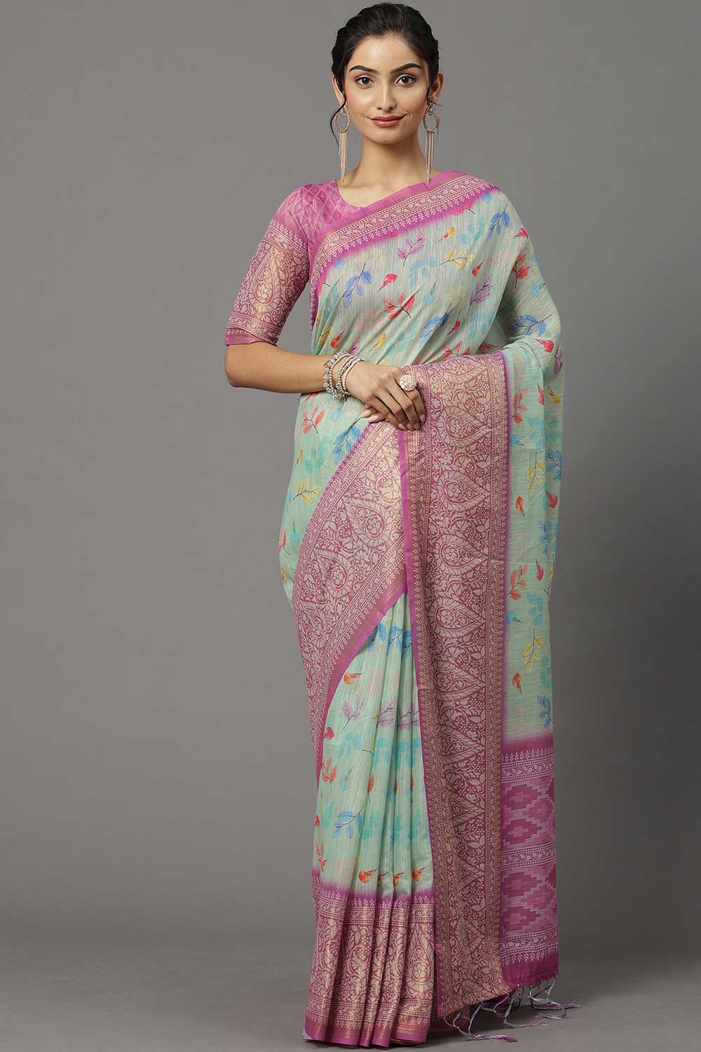 Buy Lola Sea Green Botanical Soft Silk One Minute Saree Online - One Minute Saree