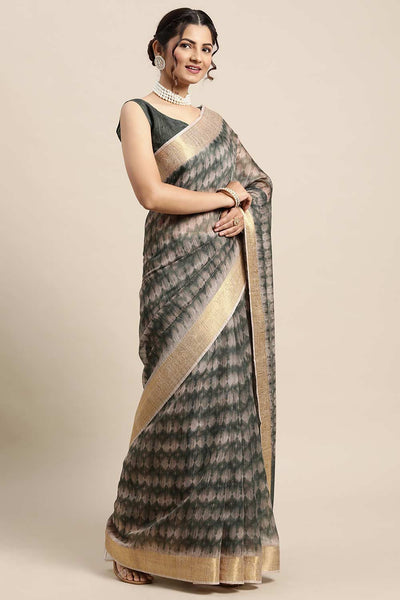 Buy Ivy Cotton Blend Green Digital Print One Minute Saree Online - Front