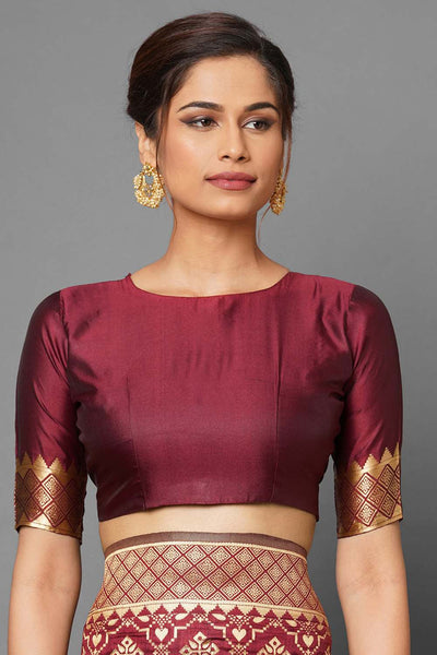Buy Rina Burgundy Woven Silk Blend One Minute Saree Online