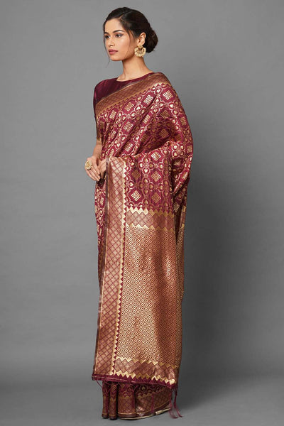 Buy Rina Burgundy Woven Silk Blend One Minute Saree Online - Front