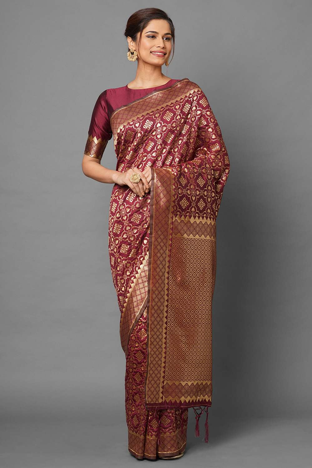 Buy Rina Burgundy Woven Silk Blend One Minute Saree Online - One Minute Saree