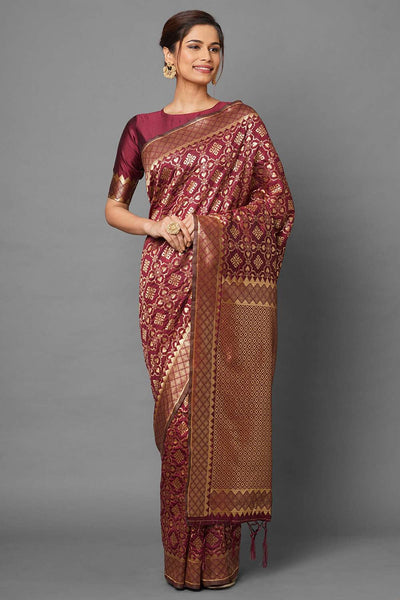 Buy Rina Burgundy Woven Silk Blend One Minute Saree Online - One Minute Saree