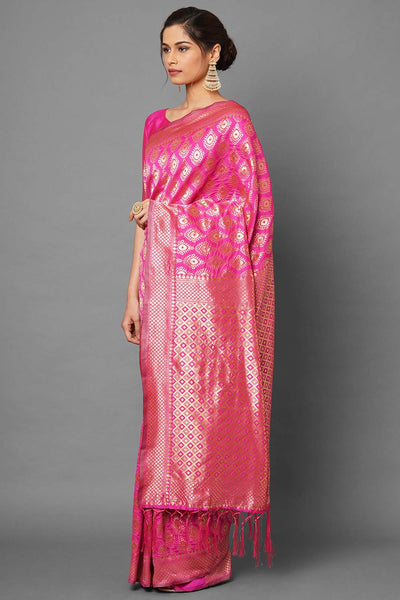 Buy Neha Pink Woven Silk Blend One Minute Saree Online - Front