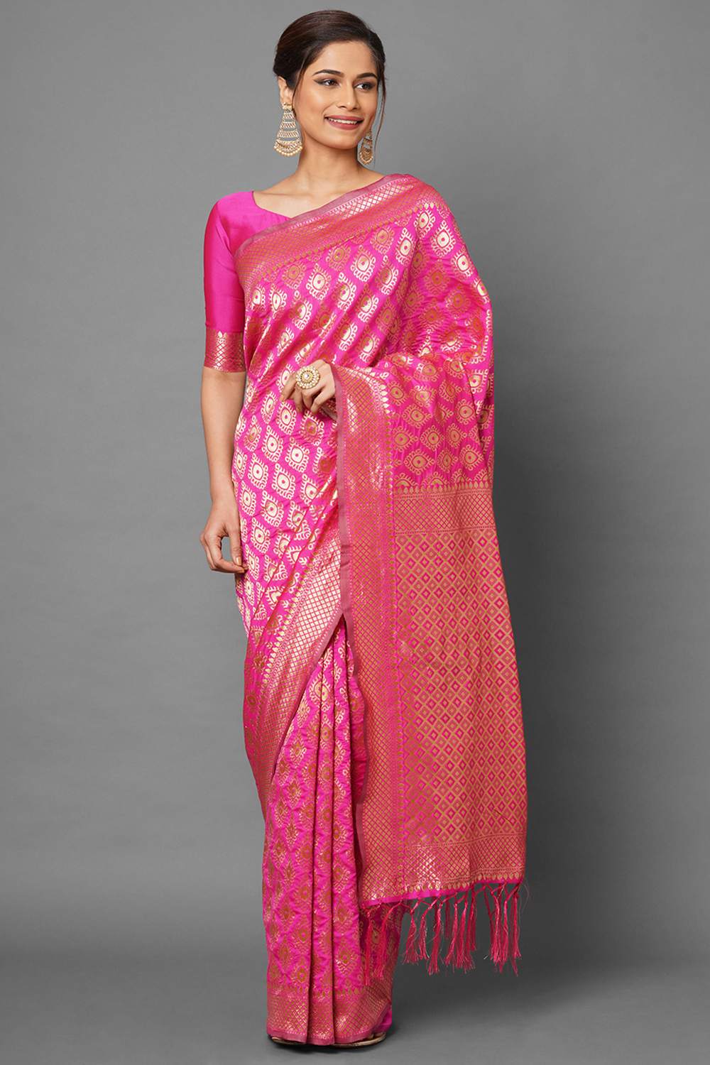 Buy Neha Pink Woven Silk Blend One Minute Saree Online - One Minute Saree