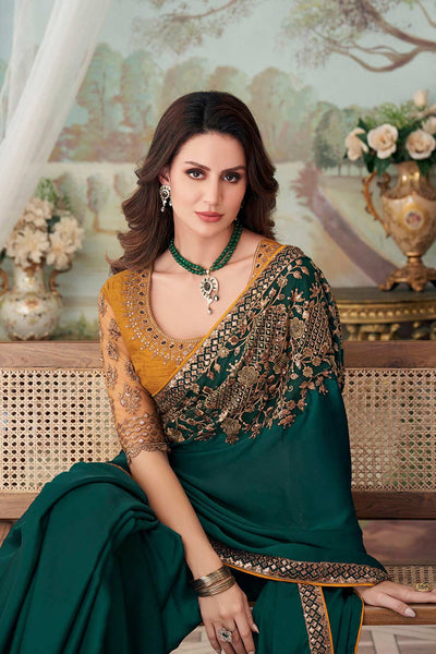 Shop Tessa Green Satin Silk Sequins Embroidered One Minute Saree at best offer at our  Store - One Minute Saree
