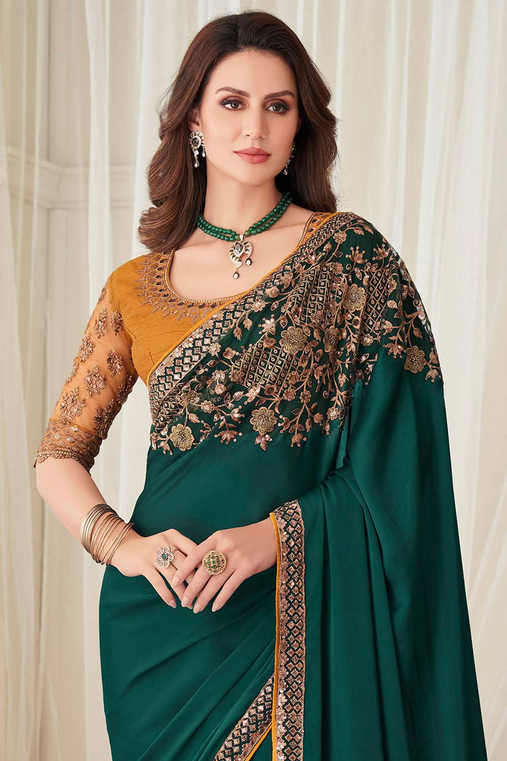 Buy Tessa Green Satin Silk Sequins Embroidered One Minute Saree Online