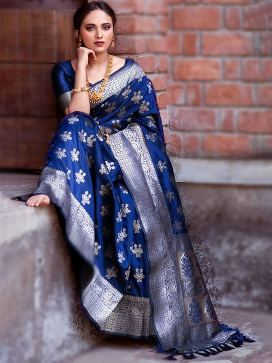 Shop Shikha Blue Silk Blend Banarasi One Minute Saree at best offer at our  Store - One Minute Saree