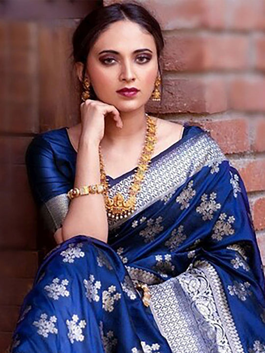 Buy Shikha Blue Silk Blend Banarasi One Minute Saree Online