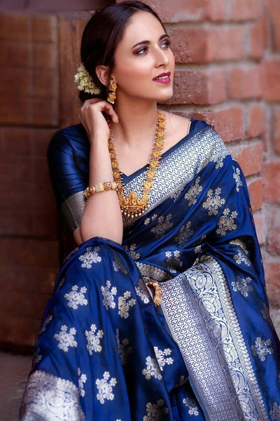 Buy Shikha Blue Silk Blend Banarasi One Minute Saree Online - One Minute Saree