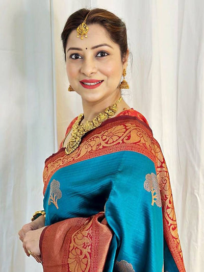 Shop Purvi Blue & Red Silk Blend Banarasi One Minute Saree at best offer at our  Store - One Minute Saree