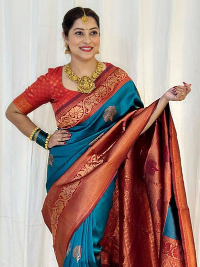 Buy Purvi Blue & Red Silk Blend Banarasi One Minute Saree Online
