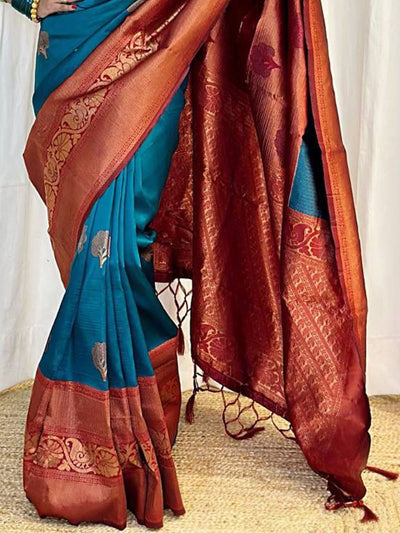 Buy Purvi Blue & Red Silk Blend Banarasi One Minute Saree Online - Front