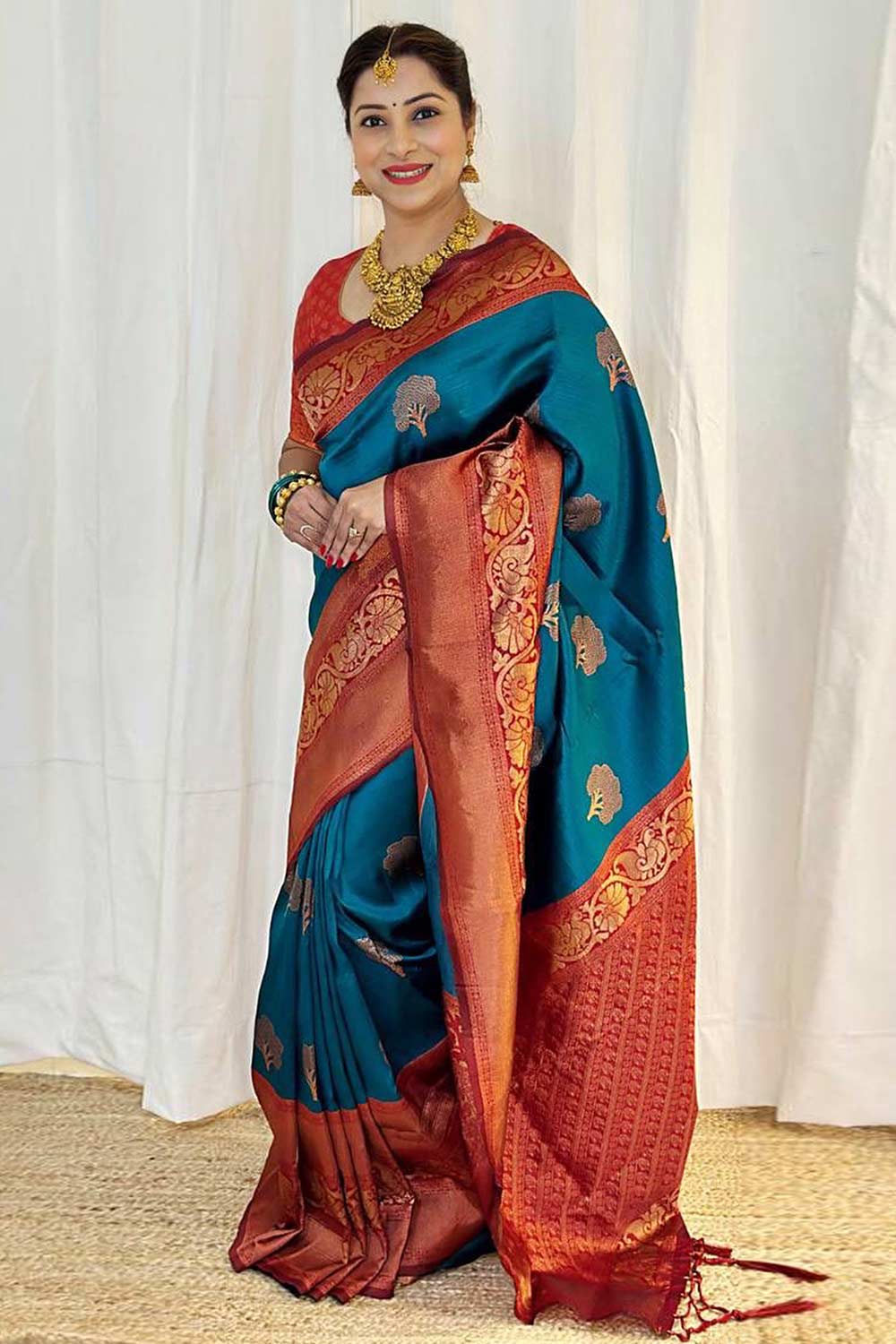 Buy Purvi Blue & Red Silk Blend Banarasi One Minute Saree Online - One Minute Saree