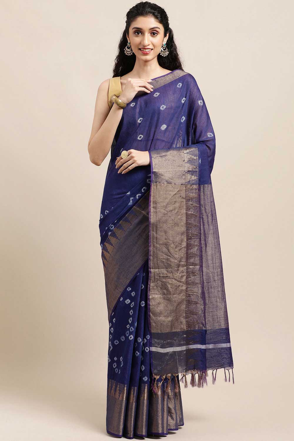 Buy Tresa Navy Blue Zari Woven Blended Silk One Minute Saree Online - One Minute Saree