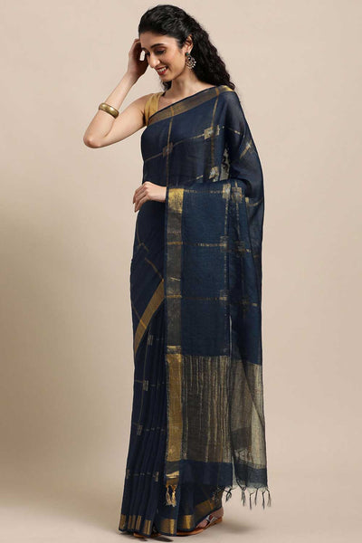 Buy Trupti Navy Blue Zari Woven Blended Silk One Minute Saree Online - One Minute Saree