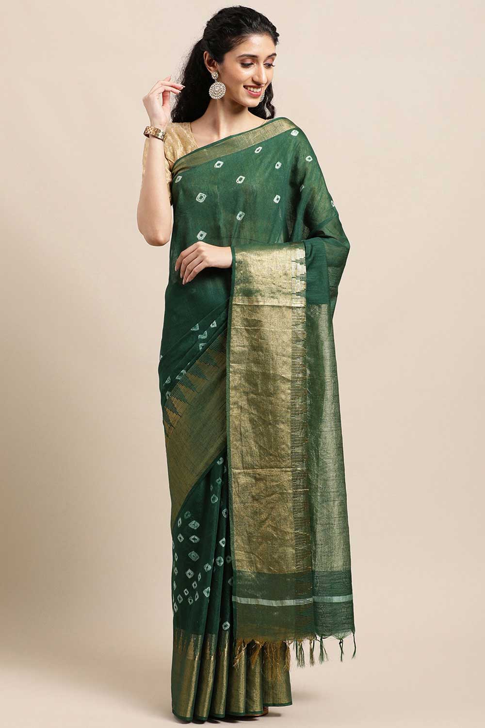 Buy Jesse Green Zari Woven Blended Silk One Minute Saree Online - One Minute Saree