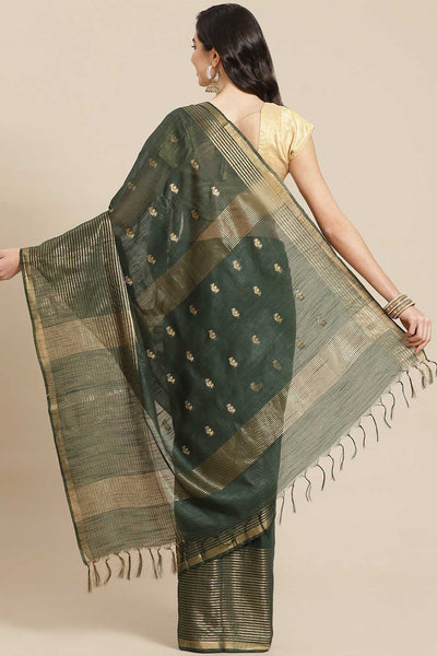 Buy Green Zari Woven Blended Silk One Minute Saree Online - Back