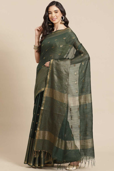 Buy Rani Green Zari Woven Blended Silk One Minute Saree Online - One Minute Saree
