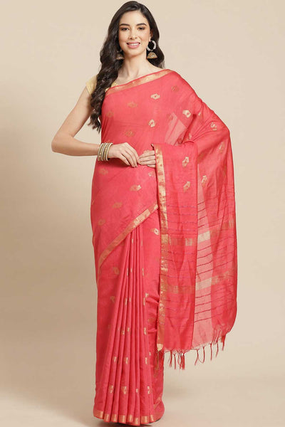 Buy Zia Peach Zari Woven Blended Silk One Minute Saree Online - One Minute Saree