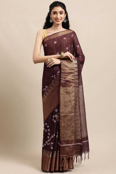 Buy Niti Dark Brown Zari Woven Blended Silk One Minute Saree Online - One Minute Saree