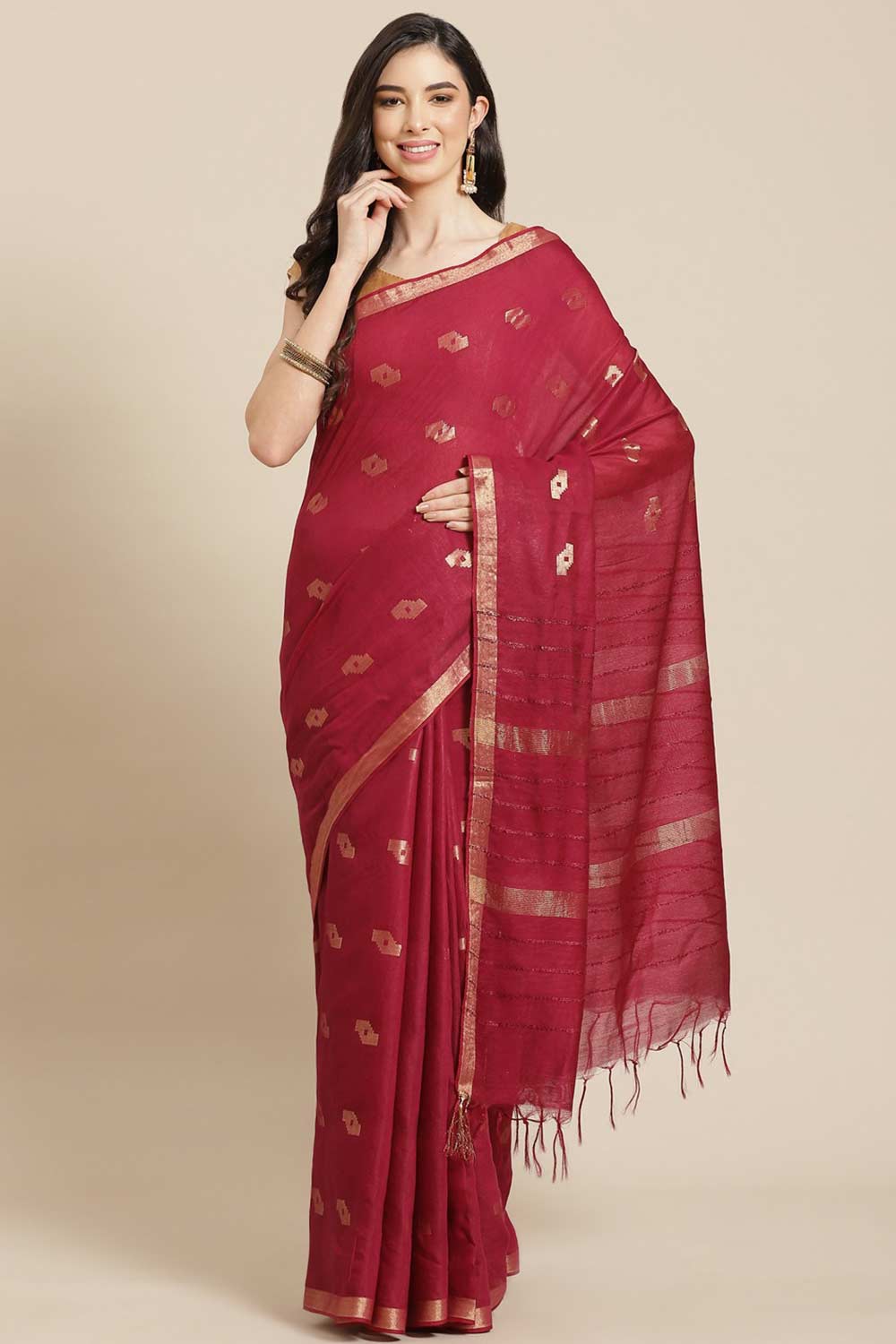 Buy Billie Burgundy Zari Woven Blended Silk One Minute Saree Online - One Minute Saree