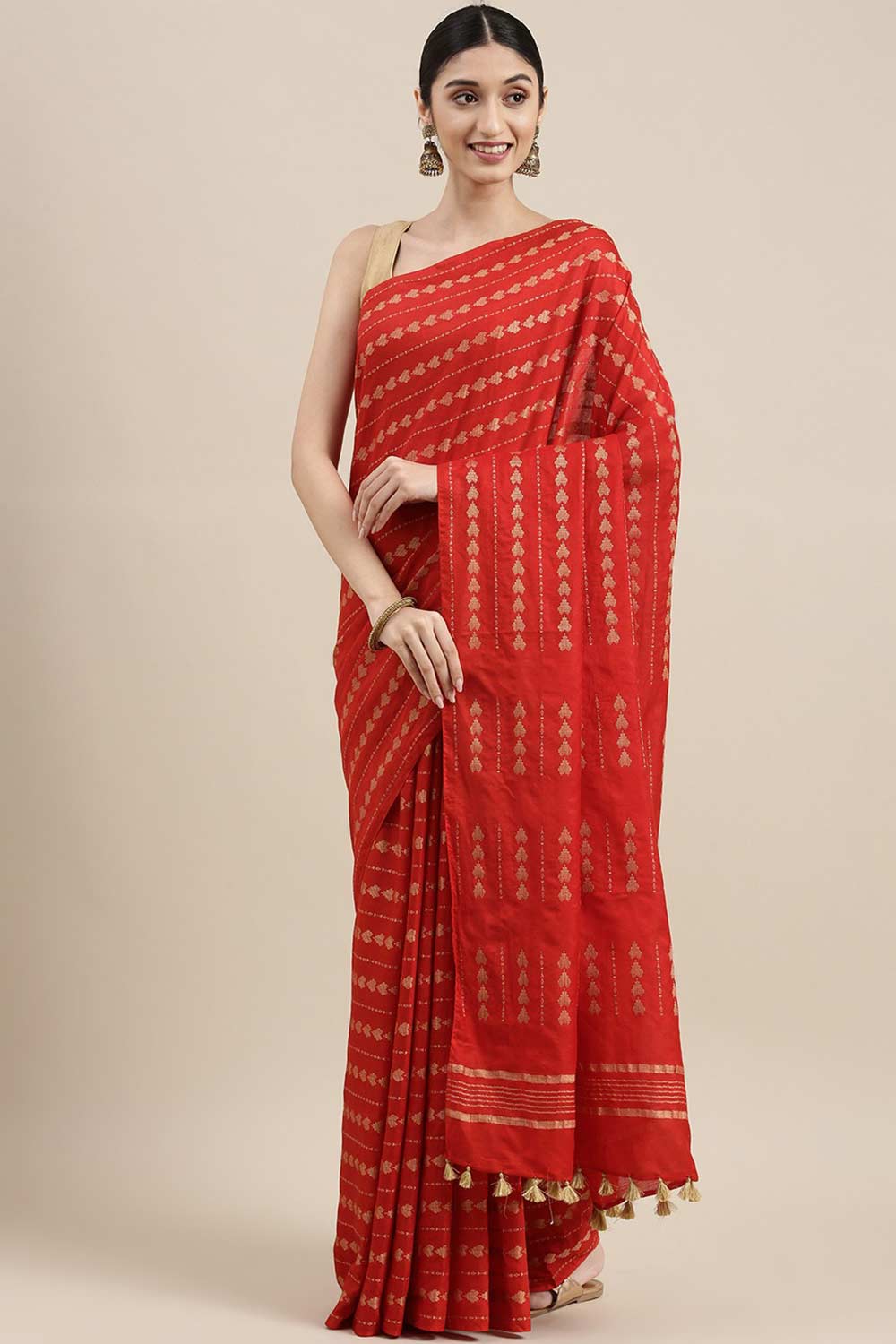 Buy Mindy Red Zari Woven Silk Blend One Minute Saree Online - One Minute Saree