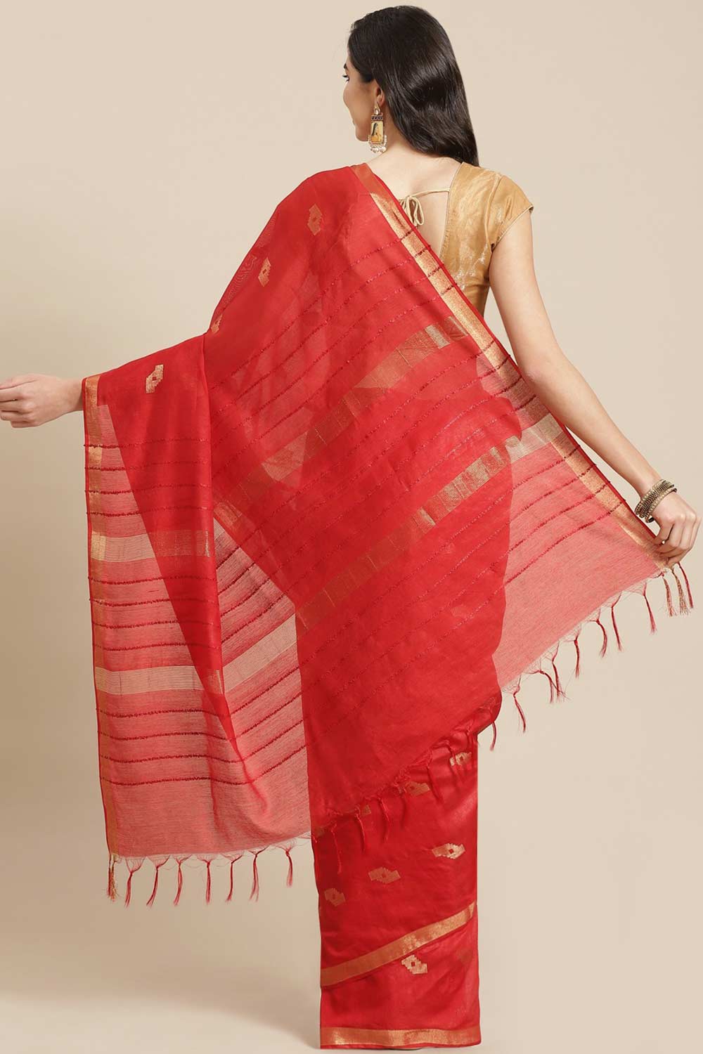 Buy Red Zari Woven Blended Silk One Minute Saree Online - Back