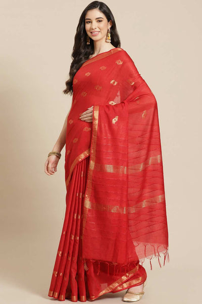 Buy Sheba Red Zari Woven Blended Silk One Minute Saree Online - One Minute Saree