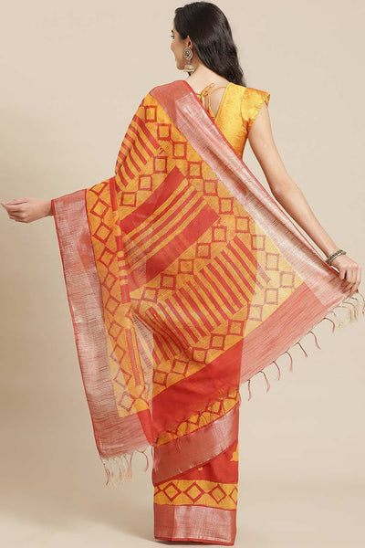 Buy Yellow Batik Printed Silk Blend One Minute Saree Online - Back