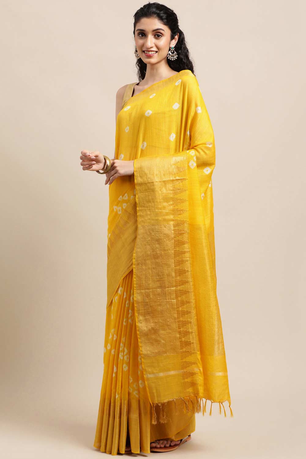 Buy Madhuri Yellow Zari Woven Blended Silk One Minute Saree Online - One Minute Saree