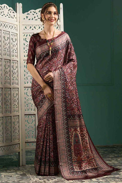 Buy Xiu Burgundy Manipuri Silk BotanicalOne Minute Saree Online - One Minute Saree