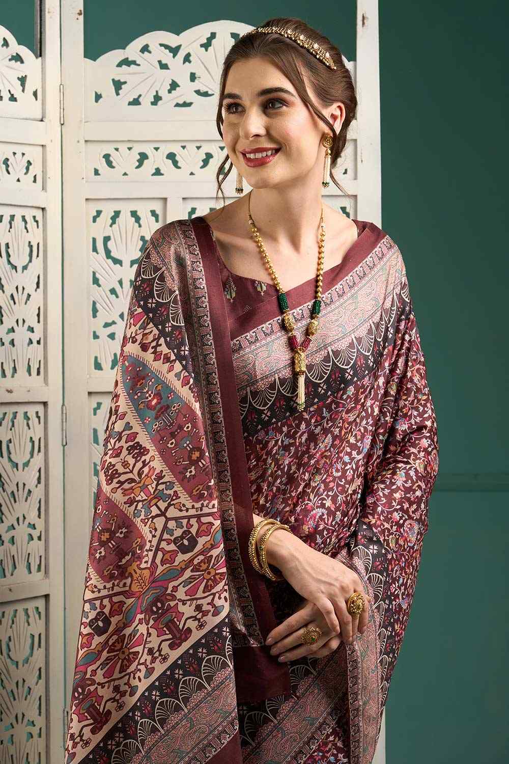 Buy Xiu Burgundy Manipuri Silk BotanicalOne Minute Saree Online