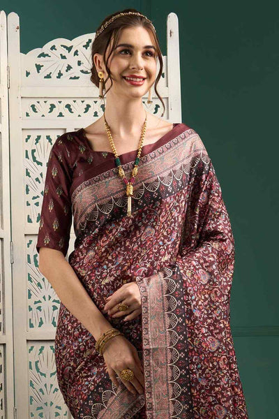 Buy Xiu Burgundy Manipuri Silk BotanicalOne Minute Saree Online - Back