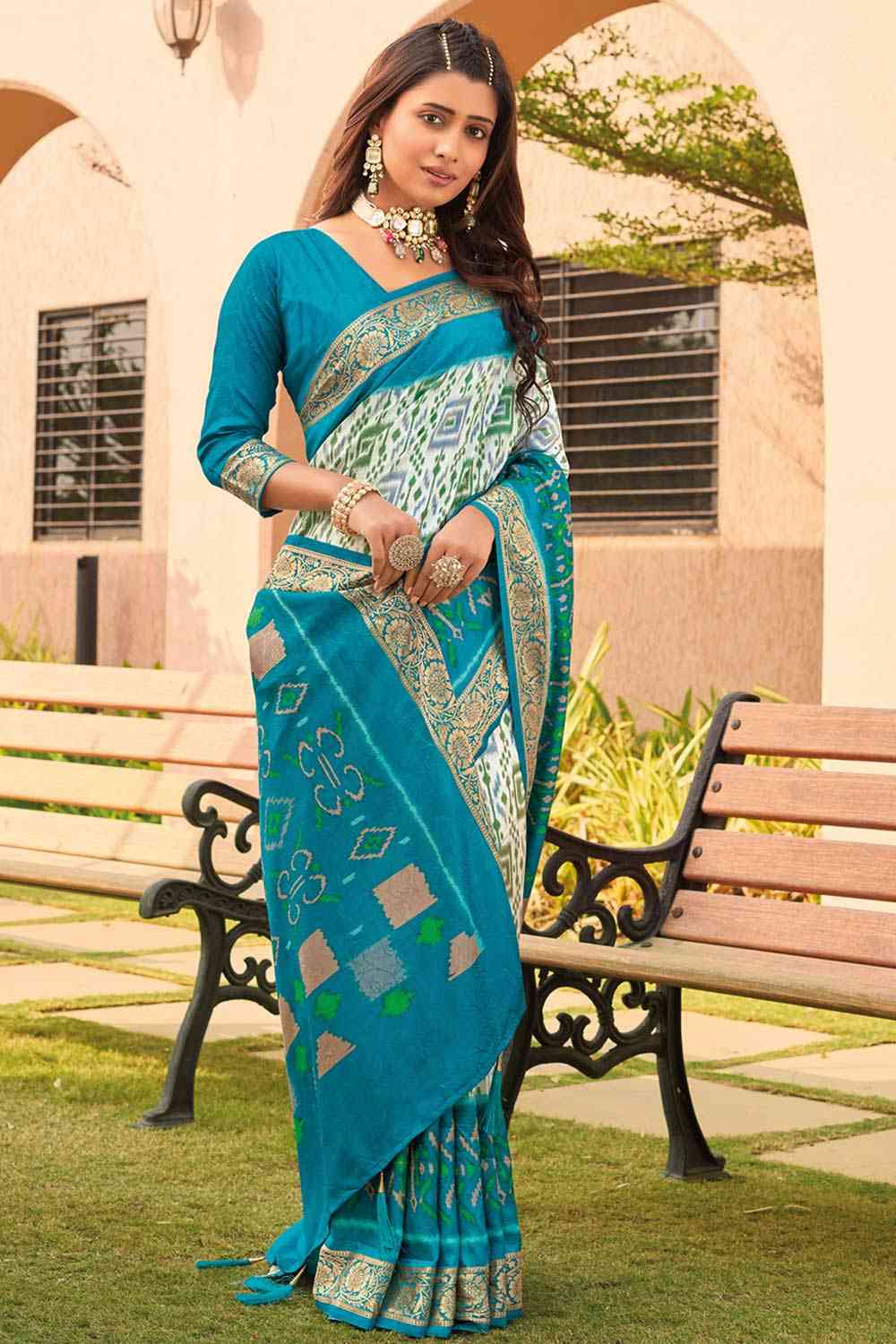 Buy Poorna Teal Viscose Ikat Design Pochampally One Minute Saree Online - One Minute Saree