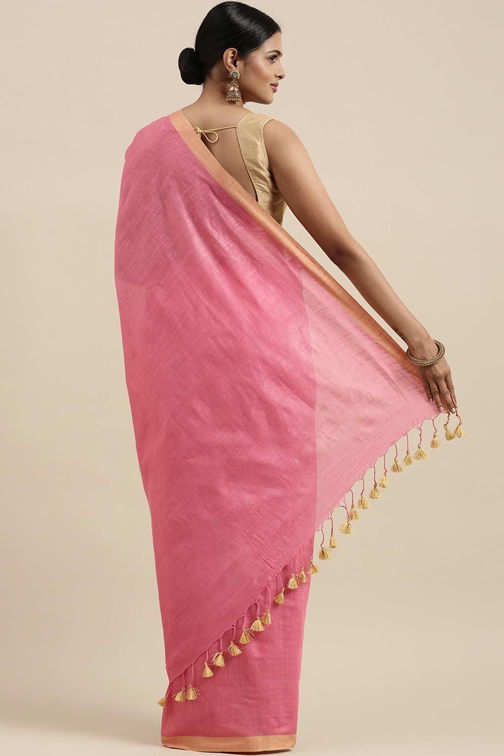 Buy Pink Solid Linen Blend One Minute Saree Online - Back